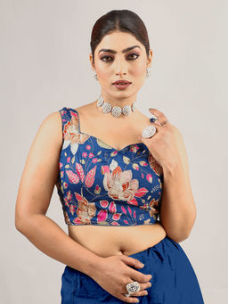 Ethnovog - Women Blue Floral Sweetheart Sleeveless Stitched Blouse