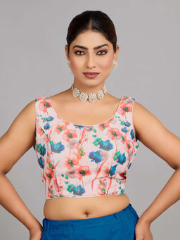 Ethnovog - Women Pink Floral Round Neck Sleeveless Stitched Blouse