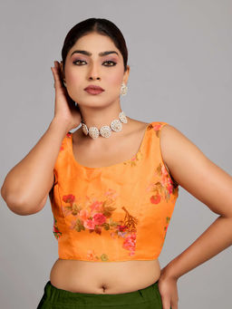 Ethnovog - Women Orange Floral Round Neck Sleeveless Stitched Blouse