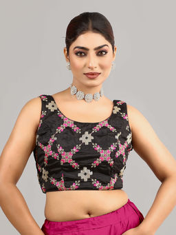 Ethnovog - Women Black Embroidered Round Neck Sleeveless Stitched Blouse