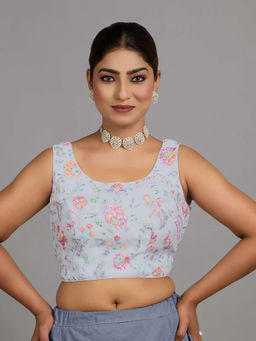 Ethnovog - Women Blue Embroidered Round Neck Sleeveless Stitched Blouse