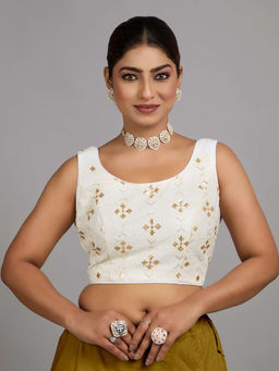 Ethnovog - Women Off White Embroidered Round Neck Sleeveless Stitched Blouse