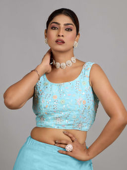 Ethnovog - Women Blue Embroidered Round Neck Sleeveless Stitched Blouse