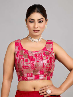 Ethnovog - Women Pink Embroidered Round Neck Sleeveless Stitched Blouse