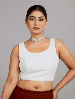 Ethnovog - Women White Embroidered Round Neck Sleeveless Stitched Blouse