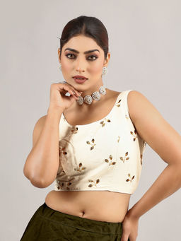 Ethnovog - Women Off White Embroidered Round Neck Sleeveless Stitched Blouse