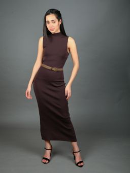 Odette - Brown Cotton Rib Solid Dress with Waist Belt
