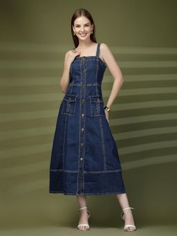 COSMIC TRIO - Blue Denim Shirt Type Casual Midi Dress