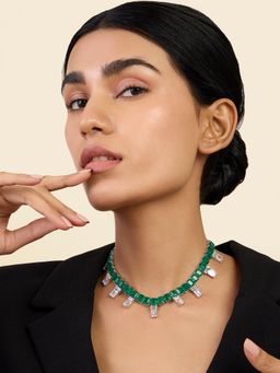 Isharya - Doublet Dark Emerald Stationed Choker Necklace In Rhodium Plating