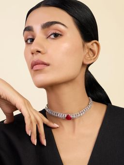 Isharya - Ruby Corundum Slim Choker Necklace In Rhodium Plating