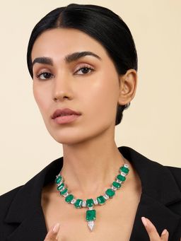 Isharya - Doublet Dark Emerald Drop Choker Necklace In Rhodium Plating