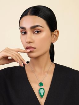 Isharya - Pear Cut Emerald Pendant Necklace In Rhodium Plating