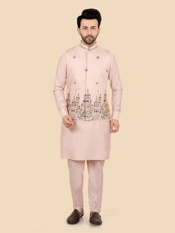 ETHNIKS NEURON - Men Pink Embroidered Rajneeti Kurta with Pant and Nehru Jacket
