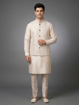 ETHNIKS NEURON - Men Pink Embroidered Rajneeti Kurta with Pant and Nehru Jacket