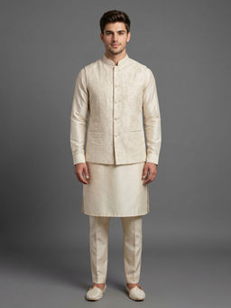 ETHNIKS NEURON - Men Cream Embroidered Rajneeti Kurta with Pant and Nehru Jacket