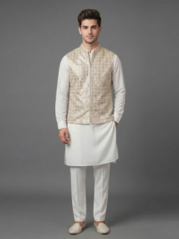 ETHNIKS NEURON - Men Cream Embroidered Rajneeti Kurta with Pant and Nehru Jacket