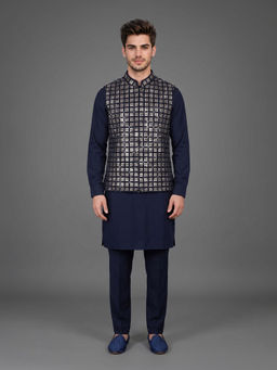 ETHNIKS NEURON - Men Navy Blue Embroidered Rajneeti Kurta with Pant and Nehru Jacket