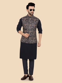 ETHNIKS NEURON - Men Black Embroidered Rajneeti Kurta with Pant and Nehru Jacket