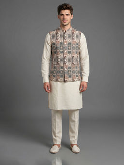 ETHNIKS NEURON - Men Cream Printed Rajneeti Kurta with Pant and Nehru Jacket