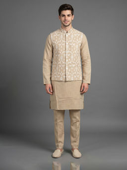ETHNIKS NEURON - Men Beige Embroidered Rajneeti Kurta with Pant and Nehru Jacket