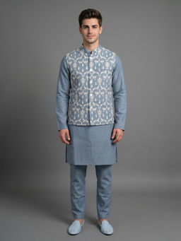 ETHNIKS NEURON - Men Blue Embroidered Rajneeti Kurta with Pant and Nehru Jacket
