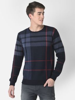 CRIMSOUNE CLUB - Men Navy Blue Checked Sweatshirt