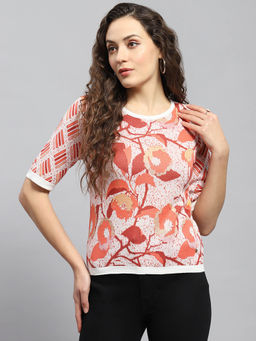 Monte Carlo - Womens Cream Printed Round Neck Half Sleeve T-Shirt