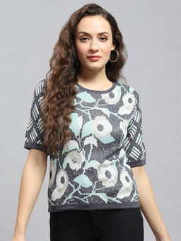 Monte Carlo - Womens Grey Printed Round Neck Half Sleeve T-Shirt