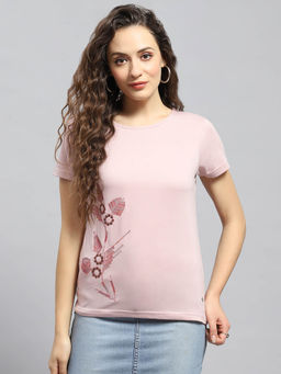 Monte Carlo - Womens Pink Embellished Round Neck Half Sleeve T-Shirt