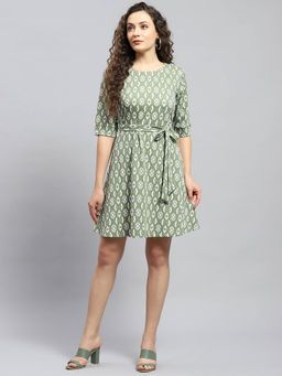 Monte Carlo - Womens Green Printed Round Neck Half Sleeve Dress (Set of 2)