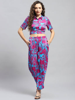 Monte Carlo - Womens Magenta Printed Collared Half Sleeve Crop Top with Pant (Set of 2)