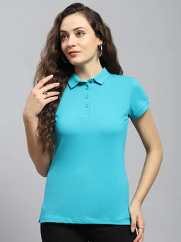 Monte Carlo - Womens Turquoise Solid Half Sleeve Polo Collar T-Shirt