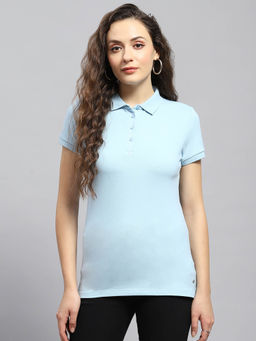 Monte Carlo - Womens Blue Solid Half Sleeve Polo Collar T-Shirt