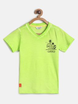 Tales & Stories - Boys Printed Neon Green Cotton V-Neck T-Shirt