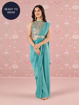 Likha - Ready to Wear Sage Green Lycra Saree with Semi Stitched Blouse LIKRTWSAR2