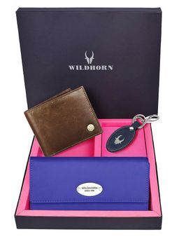 WILDHORN - Premium Leather Ladies Wallet, Mens Wallet and Keychain Gift -1K_BL_2052BRC_K (Set of 3)