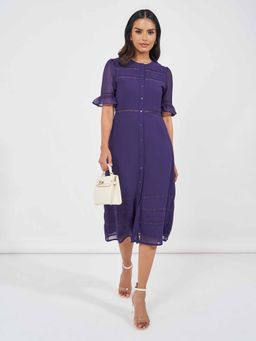 Styli - Purple Solid Lace Insert A-Line Midi Dress
