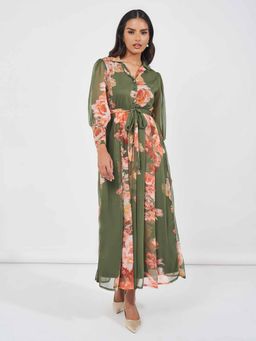 Styli - Green Floral Print A-Line Maxi Dress with Belt (Set of 2)