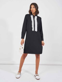 Styli - Black Solid Shirt Knee-Length Dress