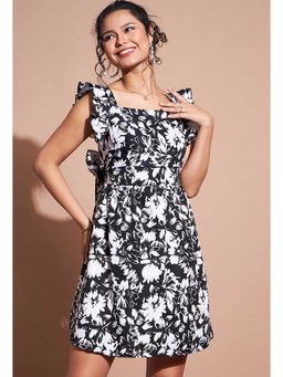 KVS FAB - Black Floral Print Crepe Back Knot A-Line Dress
