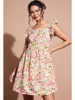 KVS FAB - White Floral Print Crepe Back Knot A-Line Dress