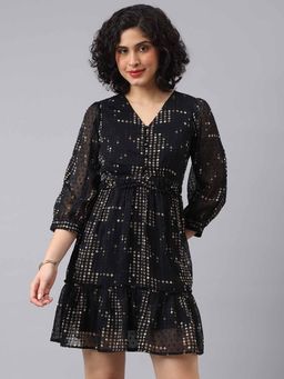 Latin Quarters - Black V-Neck Printed A-Line Dress
