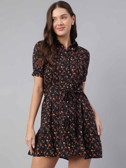 Latin Quarters - Black Floral Printed A-Line Dress with Belt (Set of 2)