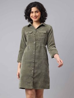 Latin Quarters - Olive Collar Neck Solid A-Line Dress