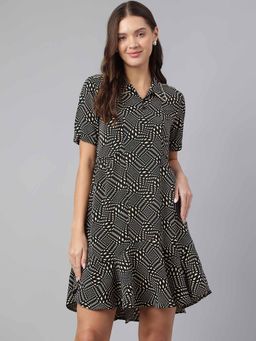 Latin Quarters - Black Collar Neck Printed A-Line Dress