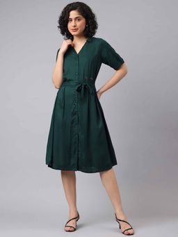 Latin Quarters - Green Solid A-Line Dress