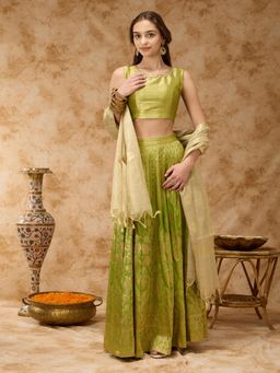 Silver Lime - Green Brocade Lehenga and Choli Set with Zari Detailed Dupatta