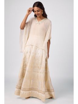 Silver Lime - Off White Zari Embroidered Kaftan Top with Brocade Lehenga