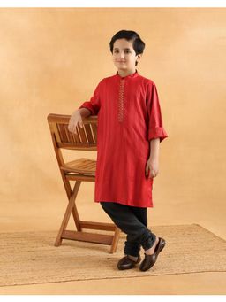 Fabindia - Red Silk Blend Stripe Long Kurta
