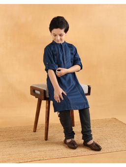 Fabindia - Navy Blue Silk Blend Long Kurta